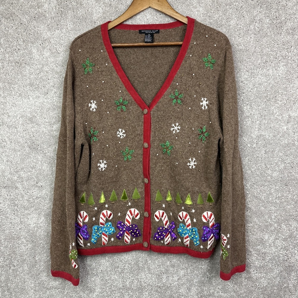 Reference Point Brown Wool‎ Blend Candy Cane Christmas Sweater Size XL